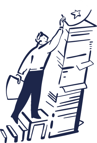 Un homme en tenue professionnelle plaçant une étoile au-dessus d’une pile de documents empilés.
